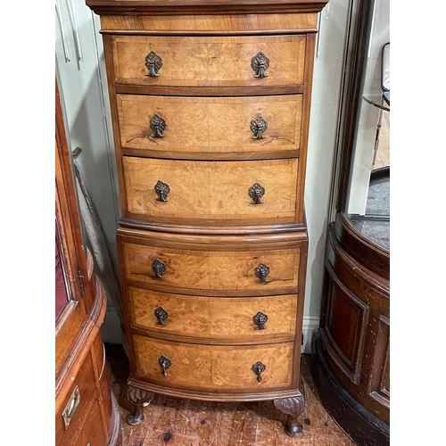 358 - Walnut and mahogany slim bow front chest of six drawers on cabriole legs, 126cm by 52cm by 38cm.