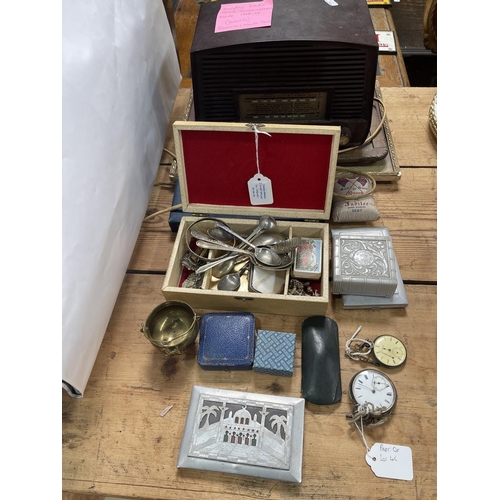 45 - Two silver pocket watches, Murphy Bakelite radio, collectables, costume jewellery, etc.