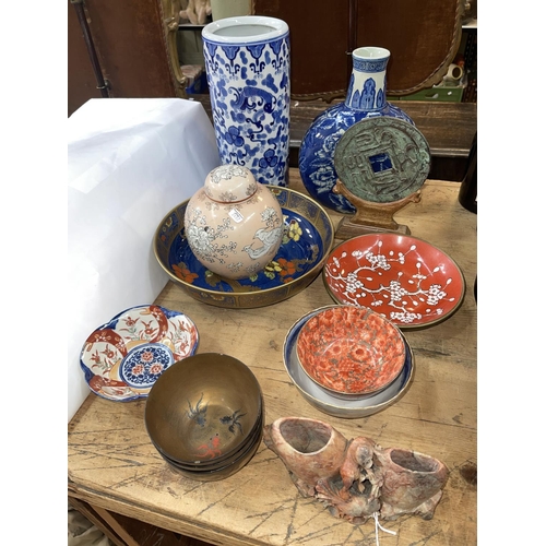 48 - Collection of Oriental wares including blue and white vases, soapstone, Imari bowl, ginger jar, etc.