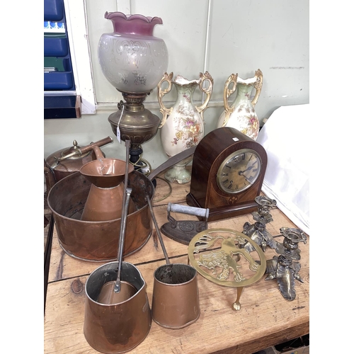 61 - Edwardian inlaid mantel clock, Victorian etched glass oil lamp, copper jam pan, copper kettle, brass... 