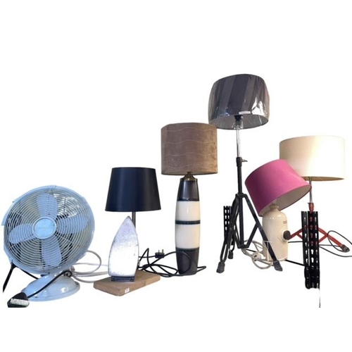 70 - Collection of novelty table lamps and a fan including an iron, ceramic water bottle, tripod base, et... 