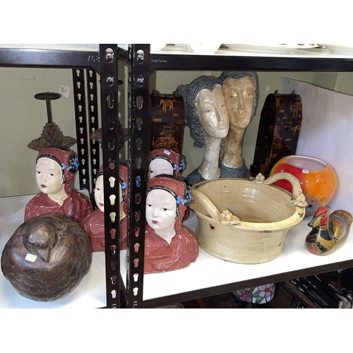 78 - Collection of busts, Oriental style bottle holders, pair of candlesticks, sculptures, etc.