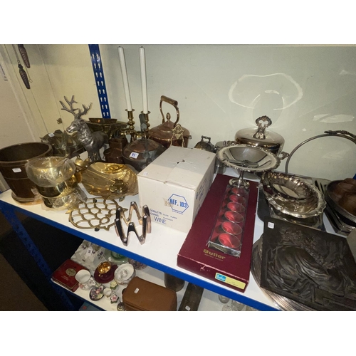 83 - Collection of copper and brass wares including 1835 Yarm Imperial half gallon bucket, candlesticks, ... 