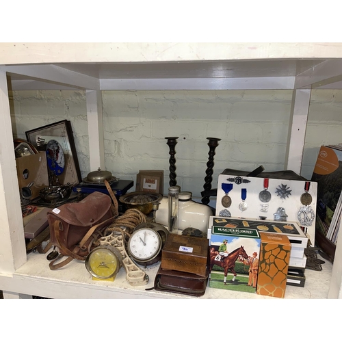 94 - Assorted metalwares including trophy's, cutlery and silver plate, cameras, medals and badges, etc.