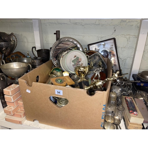 94 - Assorted metalwares including trophy's, cutlery and silver plate, cameras, medals and badges, etc.