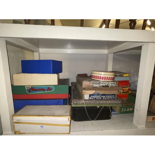 99 - Full shelf of vintage games, toys, children's and other books, two Bayko Building sets, cigarette ca... 