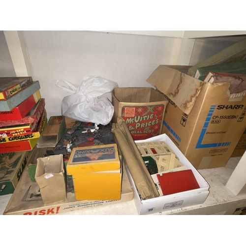 99 - Full shelf of vintage games, toys, children's and other books, two Bayko Building sets, cigarette ca... 