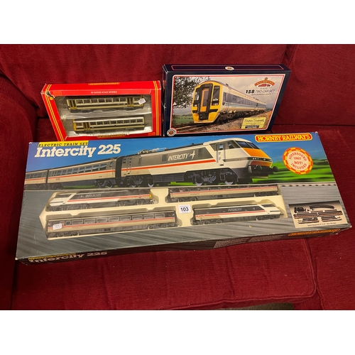 103 - Hornby Intercity 225 electric train set, Bachmann 158 two car set and Hornby BR Skipper win Railbus ... 