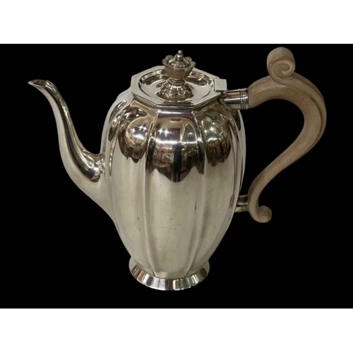 259 - Good quality silver coffee pot with good hallmarks and Harrods, London stamp, Sheffield 1960, 19cm.