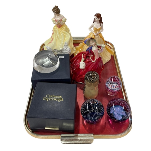 1 - Coalport Golden Anniversary figure, two Royal Doulton ladies and seven mostly Caithness paperweights... 