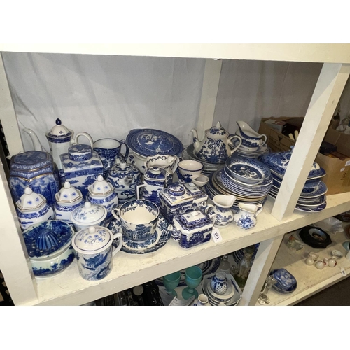 103 - Collection of blue and white pottery including Ringtons, Old Willow, etc, together with a box of met... 