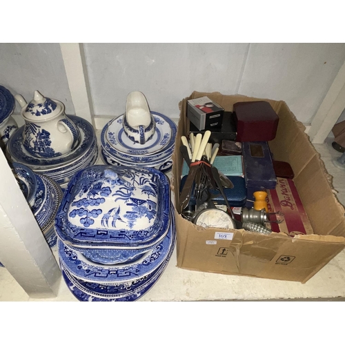 103 - Collection of blue and white pottery including Ringtons, Old Willow, etc, together with a box of met... 