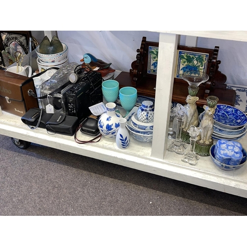 105 - Collection of blue and white Oriental porcelain, cameras, meat plates, cutlery, tile and mahogany wa... 