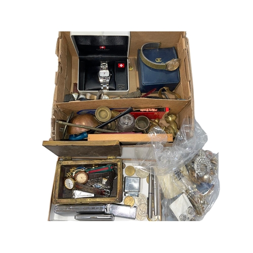 16 - Box with wristwatches, metal wares, jewellery, etc.