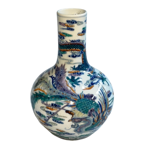 161 - Chinese bottle neck vase with dragon design blue seal mark to base, 22.5cm high.