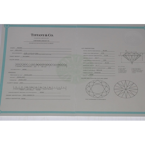 166 - Tiffany solitaire diamond platinum ring, the diamond 0.49 carat, size J/K, with certificate and box.