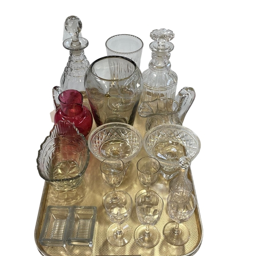 19 - Collection of mainly 19th Century glass including pair tazza's, decanters, ruby jug, etc.