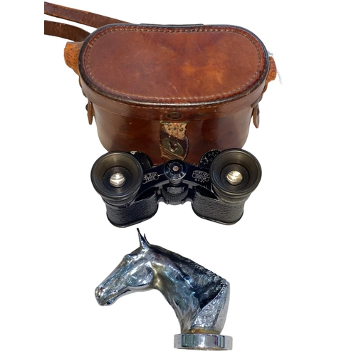 221 - Horse car mascot and leather cased Zeiss Jena 6x21 binoculars (2).