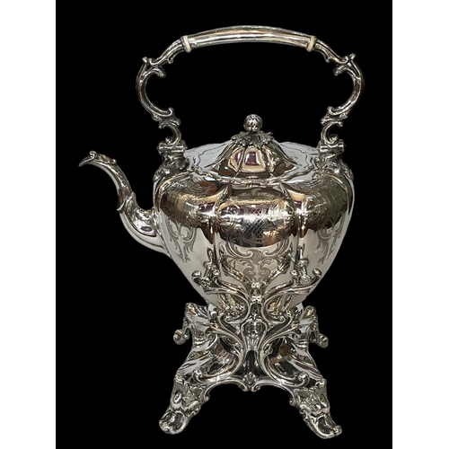 232 - Victorian silver plated spirit kettle, stand and burner, dated 1852 in cartouche, 39cm overall heigh... 