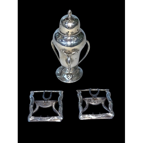 238 - Art Nouveau silver pepperette and pair Georgian silver buckles, Alexander Saunders c1760 (2).