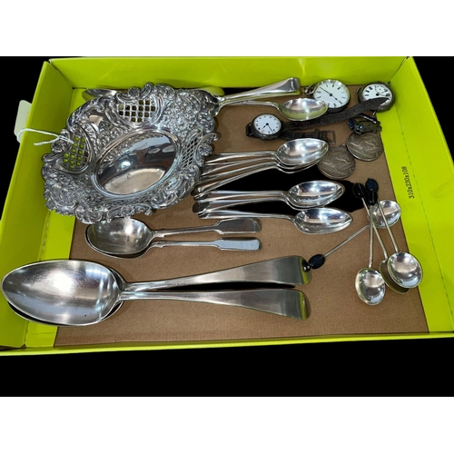 244 - Silver items including two George III tablespoons, tea and coffee spoons, bon bon dish, medals, watc... 