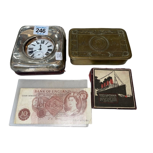 246 - Silver easel watch case with keyless watch, Lusitania medal, 10 Shilling note, Princess Mary box, co... 