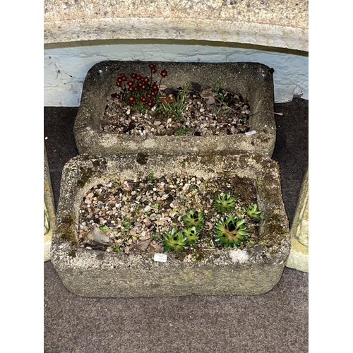 303 - Pair small weathered garden troughs, rectangular garden trough, shell bird bath, glazed pottery plan... 