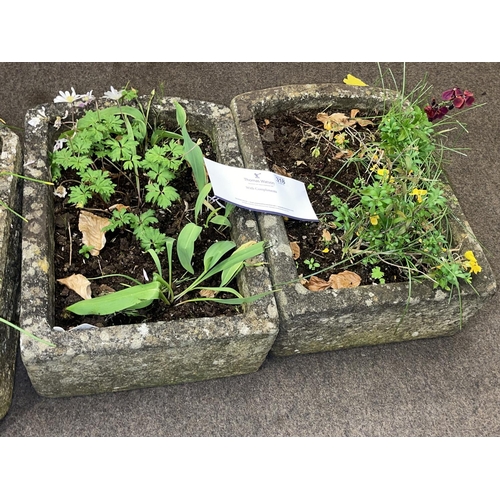 318 - Pair rectangular bow end weathered garden planters, 17cm by 37cm by 52cm.