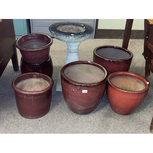 320 - Pedestal bird bath and six various glazed pottery planters.