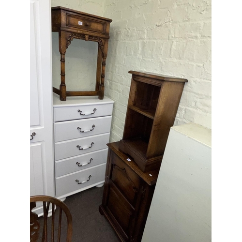 327 - Siesta oak canted corner hall table, oak fielded panel door CD cabinet and oak open bookcase (3).