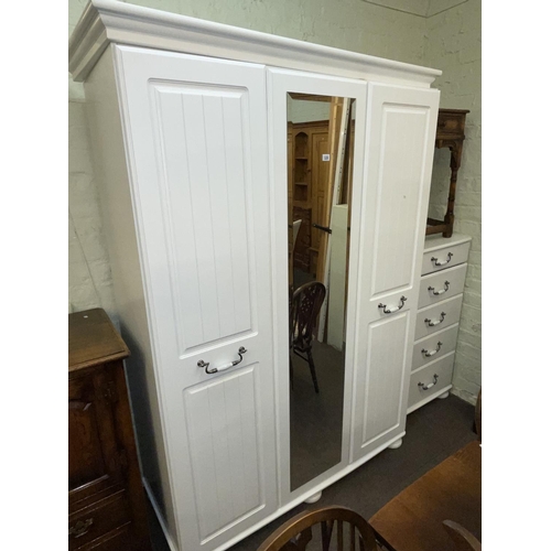 328 - Contemporary white three door wardrobe and five drawer chest.