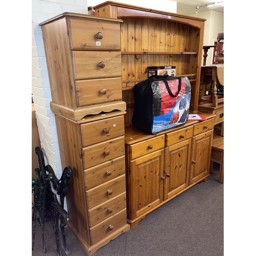 335 - Slim pine six drawer chest, three drawer pedestal chest and pine dresser (3).