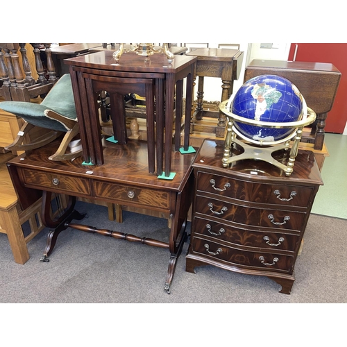 339 - Polished mahogany four drawer serpentine front chest, two drawer sofa table and nest of three tables... 