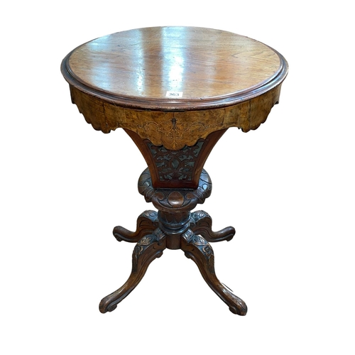 363 - Victorian mahogany and inlaid walnut oval work table, 74cm by 50cm by 40cm.