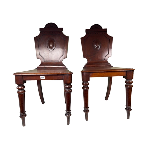 364 - Pair Victorian mahogany hall chairs on turned legs.