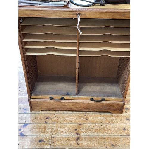 370 - Early 20th Century oak tambour front office cabinet, 90.5cm by 88cm by 40cm.