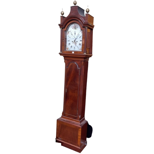 387 - Antique mahogany cased eight day longcase clock circa 1795 having nesting bird, floral and fruit pai... 