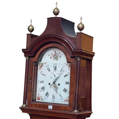 387 - Antique mahogany cased eight day longcase clock circa 1795 having nesting bird, floral and fruit pai... 