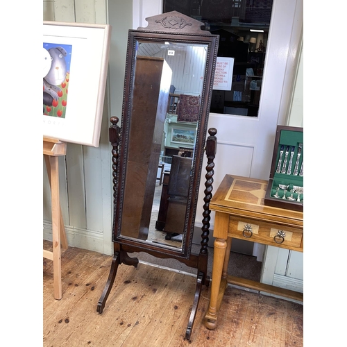 414 - 1920's oak cheval mirror on barley twist supports, 165cm by 59cm.