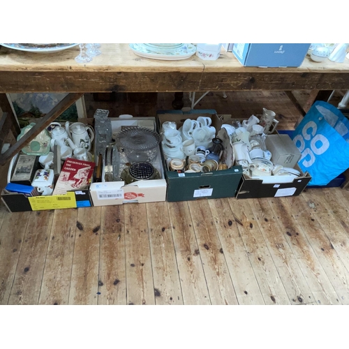 53 - Five boxes of decorative porcelain, Gleneagles crystal, metalwares, prints, etc.