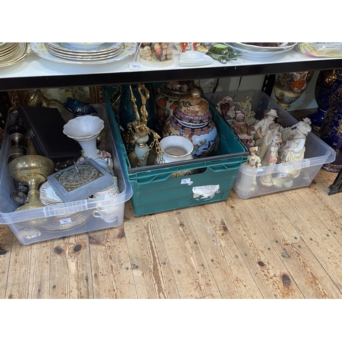 76 - Nine boxes of decorative pottery, vases, figurines, paintings, magazines, lamps etc.