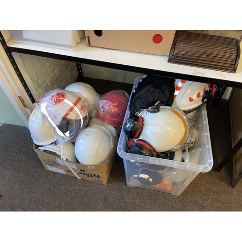 103 - Two boxes of hard hats, goggles, ear defenders, etc.