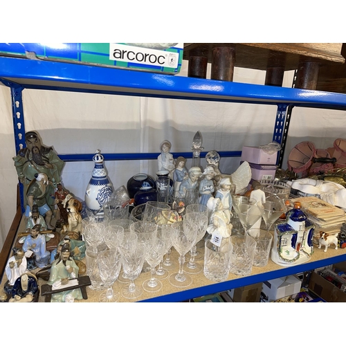 104 - Collection of Oriental figurines, decanters, metalwares, Staffordshire flat back, mirrors, etc.