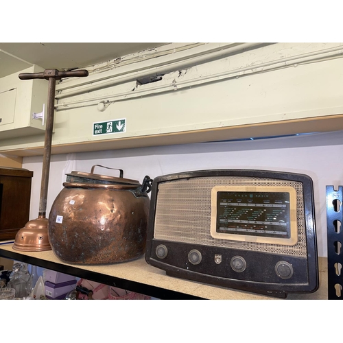 105 - Ekco radio model U143, Copper cauldron with lid, mantel clock, posser and an oak box on feet.