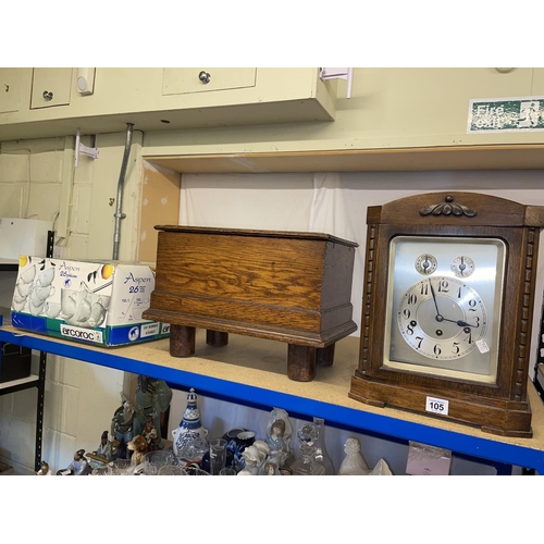 105 - Ekco radio model U143, Copper cauldron with lid, mantel clock, posser and an oak box on feet.