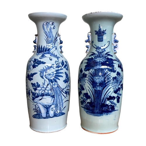 138 - A large pair of 19th Century Chinese Celadon vases decorated with flowers and exotic birds, 58.5cm h... 