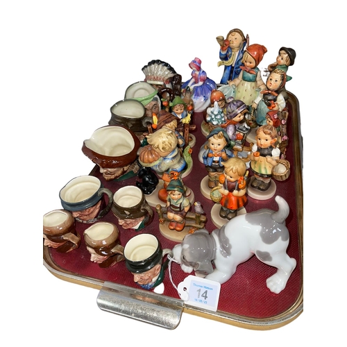 14 - Tray lot with fourteen Hummel figures, nine Royal Doulton character jugs, Royal Doulton Monica, Besw... 