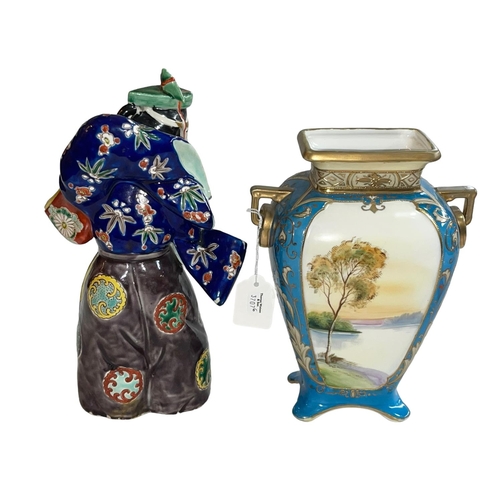 146 - Japanese pottery figure of lady with fan and Noritake vase decorated with Lakes in Landscapes.