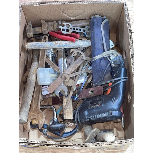 29 - Box of assorted tools including spanners, brace, drill, etc.