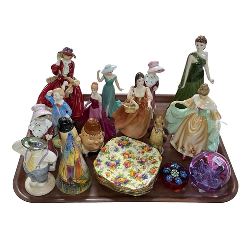 3 - Tray lot with Royal Doulton, Coalport and other figures, sugar sifter, etc.